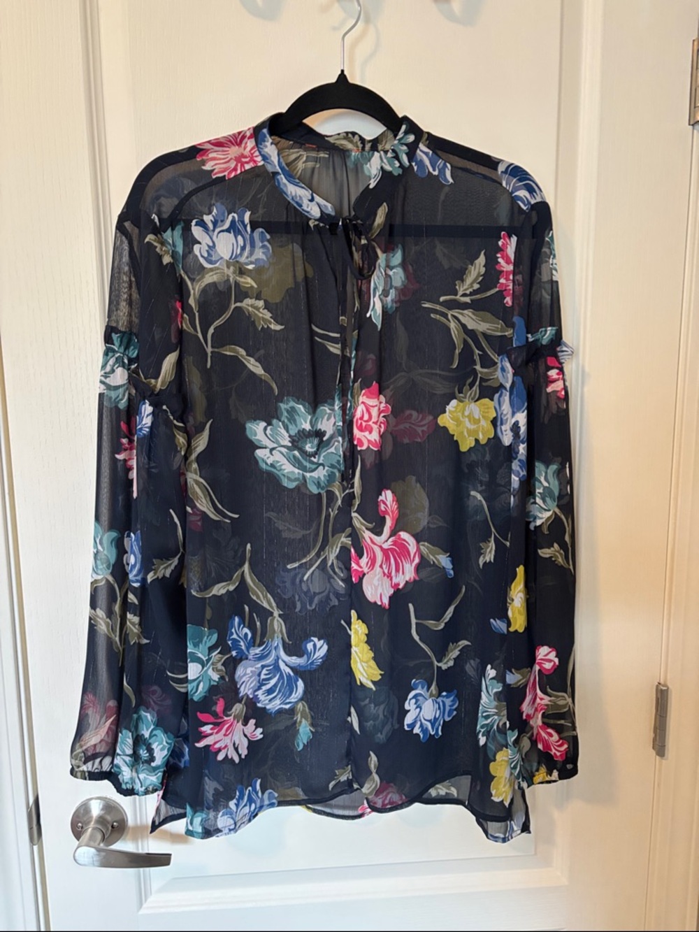 Sheer Navy Floral Tie-Neck Blouse